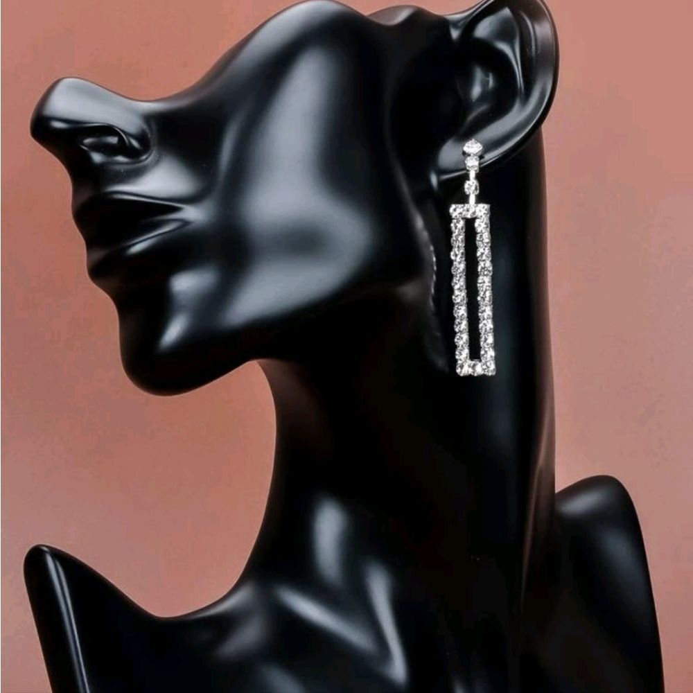 Silver Rhinestone Rectangle Drop Earrings Crystal Sparkly Dangle Statement💖